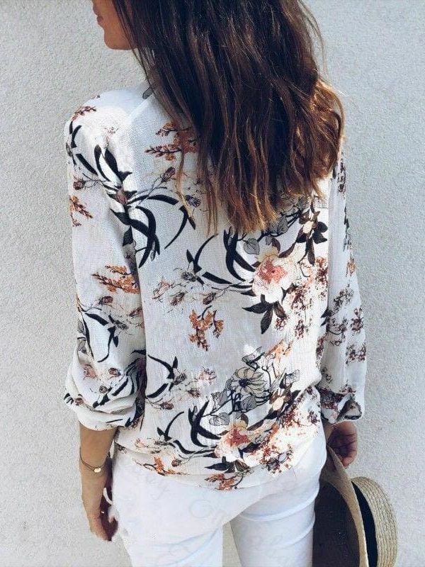 The Best Women Boho Floral Long Sleeve V-neck Loose Summer Tops Shirt Fashion OL Ladies Plain Casual Button Blouse New Online - Takalr