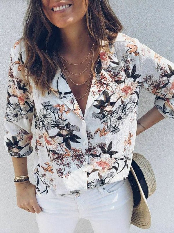 The Best Women Boho Floral Long Sleeve V-neck Loose Summer Tops Shirt Fashion OL Ladies Plain Casual Button Blouse New Online - Takalr