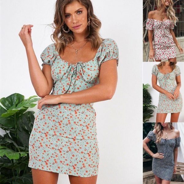 The Best Women Boho Floral Off Shoulder Bodycon Short Sleeve Dress Summer Beach Party Short Mini Slim Dress Sundress Online - Takalr