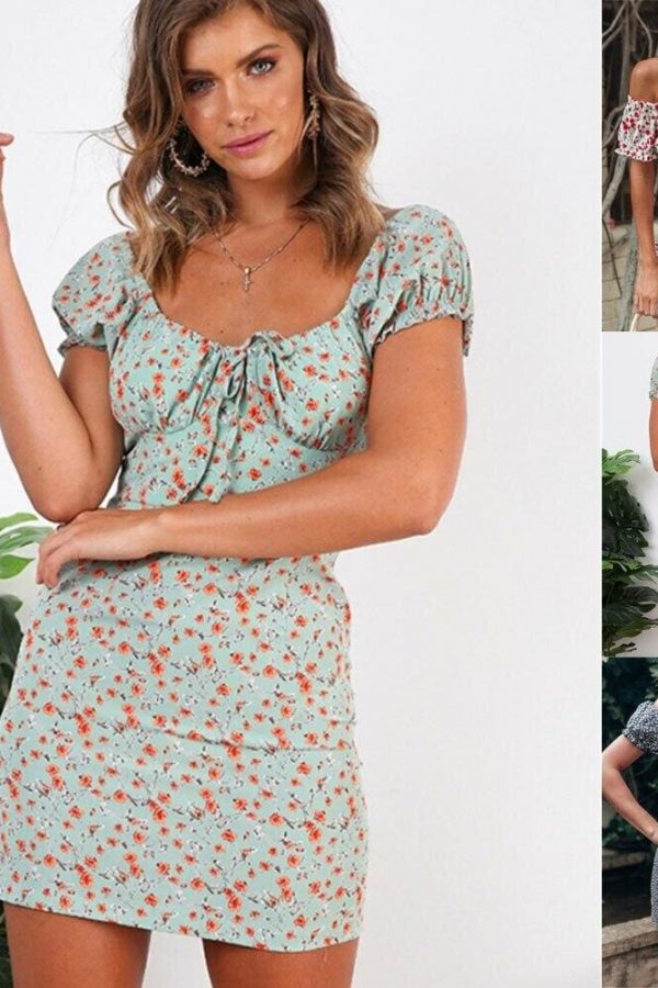 The Best Women Boho Floral Off Shoulder Bodycon Short Sleeve Dress Summer Beach Party Short Mini Slim Dress Sundress Online - Takalr