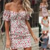 The Best Women Boho Floral Off Shoulder Bodycon Short Sleeve Dress Summer Beach Party Short Mini Slim Dress Sundress Online - Takalr