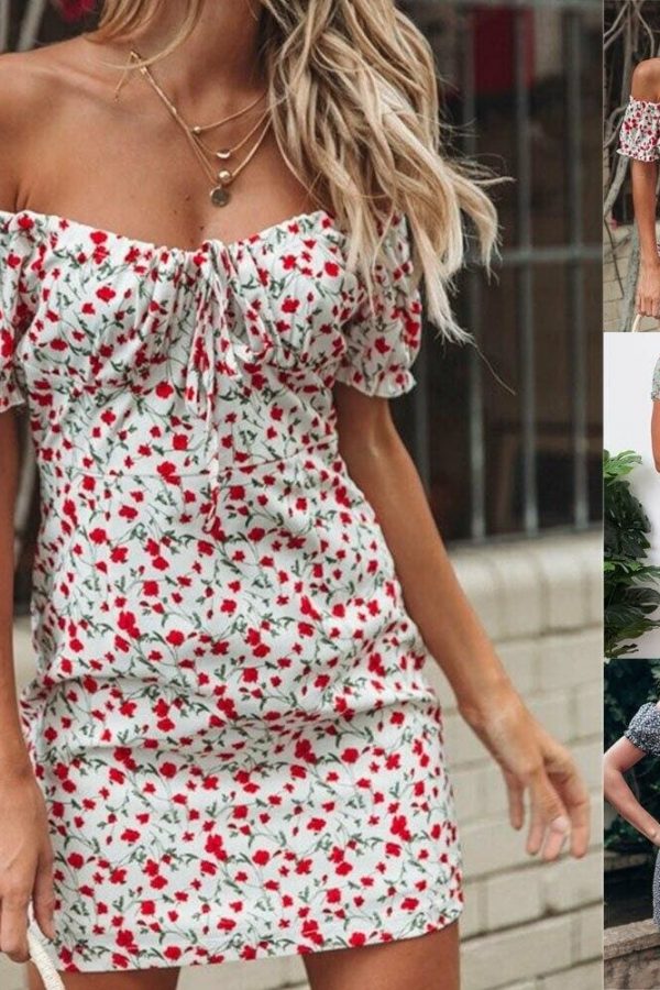 The Best Women Boho Floral Off Shoulder Bodycon Short Sleeve Dress Summer Beach Party Short Mini Slim Dress Sundress Online - Takalr