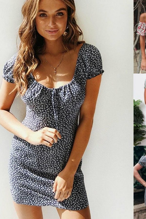 The Best Women Boho Floral Off Shoulder Bodycon Short Sleeve Dress Summer Beach Party Short Mini Slim Dress Sundress Online - Takalr