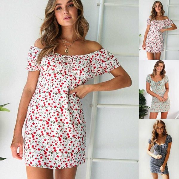 The Best Women Boho Floral Off Shoulder Bodycon Short Sleeve Dress Summer Beach Party Short Mini Slim Dress Sundress Online - Takalr