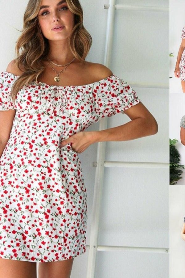 The Best Women Boho Floral Off Shoulder Bodycon Short Sleeve Dress Summer Beach Party Short Mini Slim Dress Sundress Online - Takalr