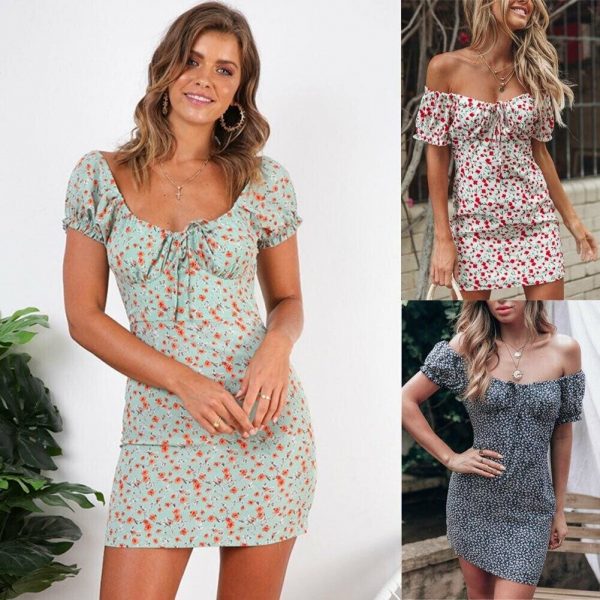 The Best Women Boho Floral Off Shoulder Bodycon Short Sleeve Dress Summer Beach Party Short Mini Slim Dress Sundress Online - Takalr