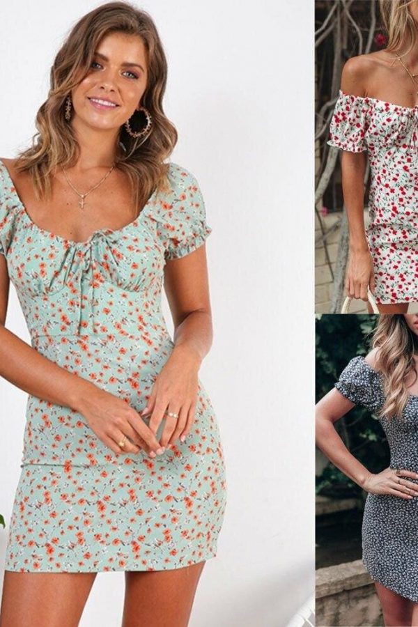 The Best Women Boho Floral Off Shoulder Bodycon Short Sleeve Dress Summer Beach Party Short Mini Slim Dress Sundress Online - Takalr