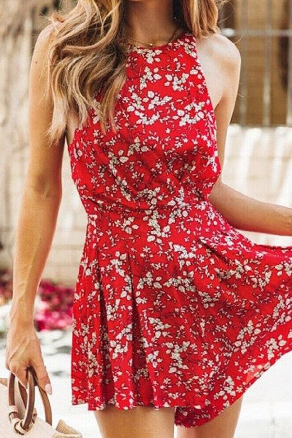 The Best Women Boho Floral Rompers Ladies Backless Summer Beach Short Playsuit Fashion Ladies Sleeveless O-Neck Holiday Jumpsuit New Online - Takalr