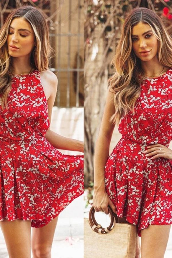 The Best Women Boho Floral Rompers Ladies Backless Summer Beach Short Playsuit Fashion Ladies Sleeveless O-Neck Holiday Jumpsuit New Online - Takalr