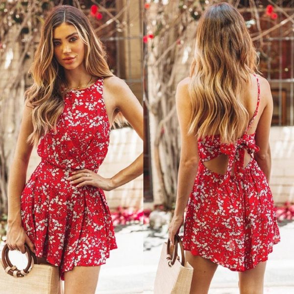 The Best Women Boho Floral Rompers Ladies Backless Summer Beach Short Playsuit Fashion Ladies Sleeveless O-Neck Holiday Jumpsuit New Online - Takalr