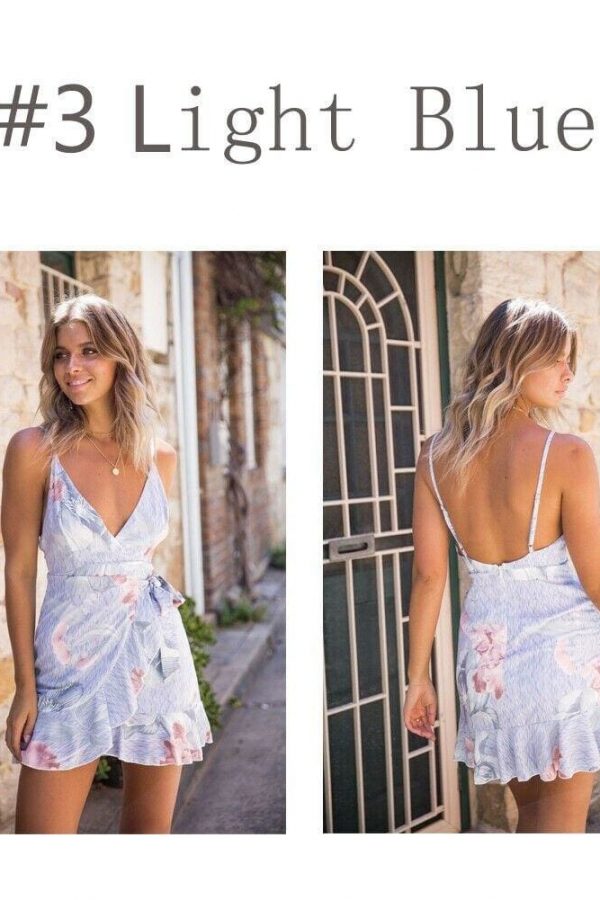 The Best Women Boho Floral V-Neck Wrap Mini Dress Fashion Ladies Summer Holiday Party Sundress Casual Sleeveless Slim Dress Online - Takalr