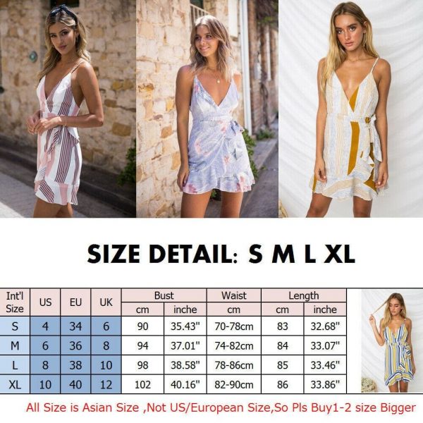 The Best Women Boho Floral V-Neck Wrap Mini Dress Fashion Ladies Summer Holiday Party Sundress Casual Sleeveless Slim Dress Online - Takalr