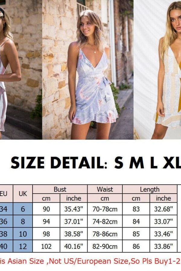 The Best Women Boho Floral V-Neck Wrap Mini Dress Fashion Ladies Summer Holiday Party Sundress Casual Sleeveless Slim Dress Online - Takalr