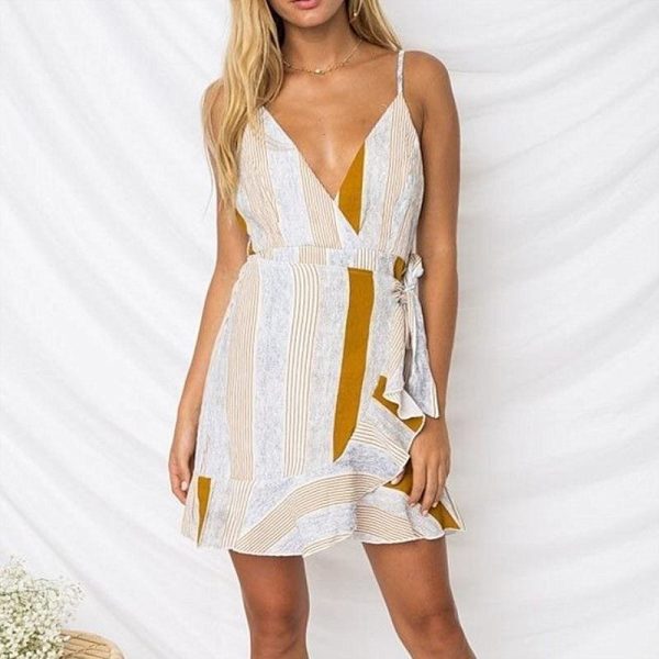 The Best Women Boho Floral V-Neck Wrap Mini Dress Fashion Ladies Summer Holiday Party Sundress Casual Sleeveless Slim Dress Online - Takalr