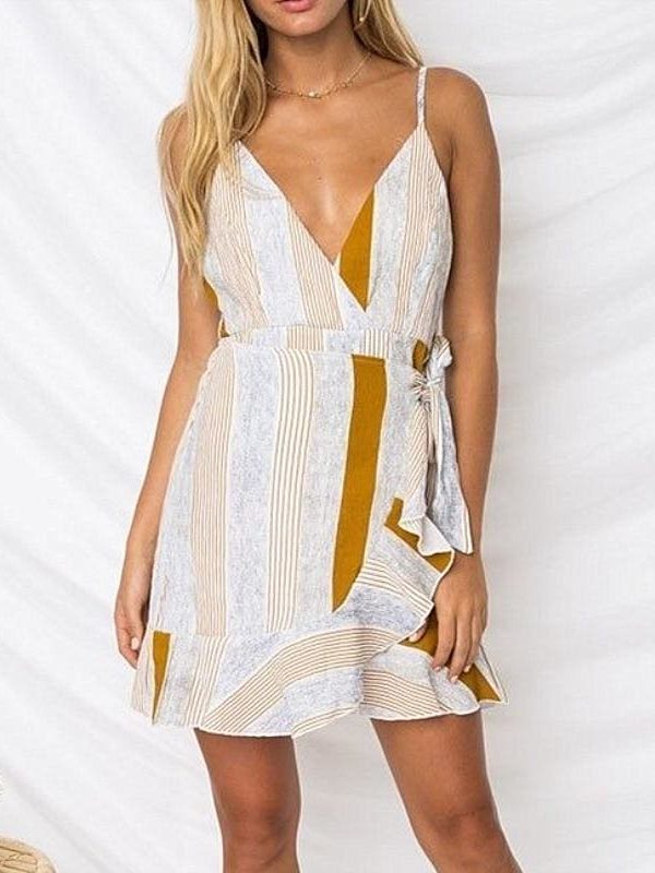 The Best Women Boho Floral V-Neck Wrap Mini Dress Fashion Ladies Summer Holiday Party Sundress Casual Sleeveless Slim Dress Online - Takalr