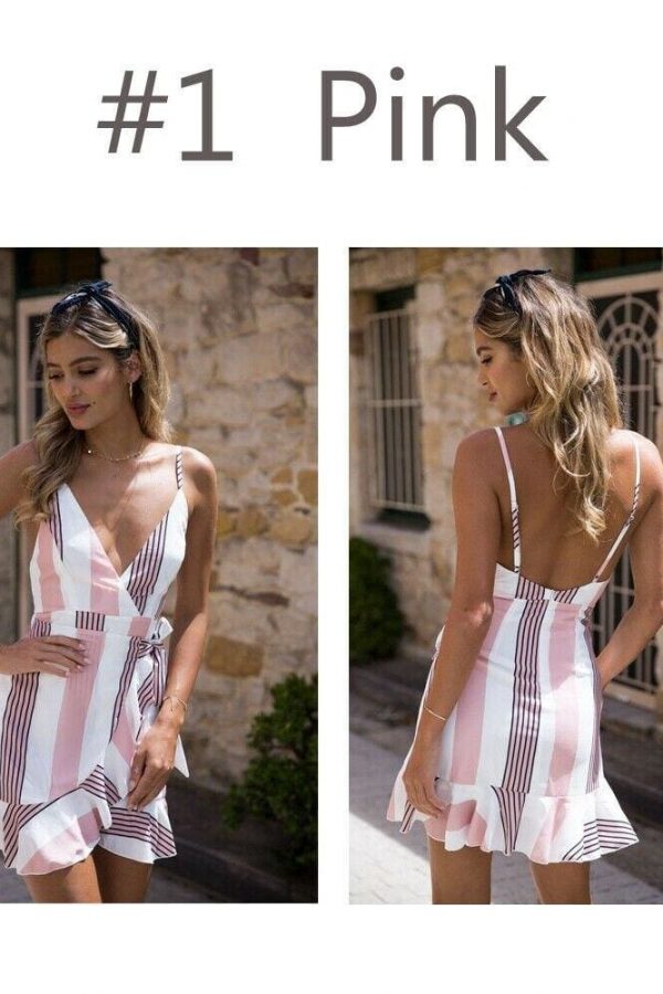 The Best Women Boho Floral V-Neck Wrap Mini Dress Fashion Ladies Summer Holiday Party Sundress Casual Sleeveless Slim Dress Online - Takalr