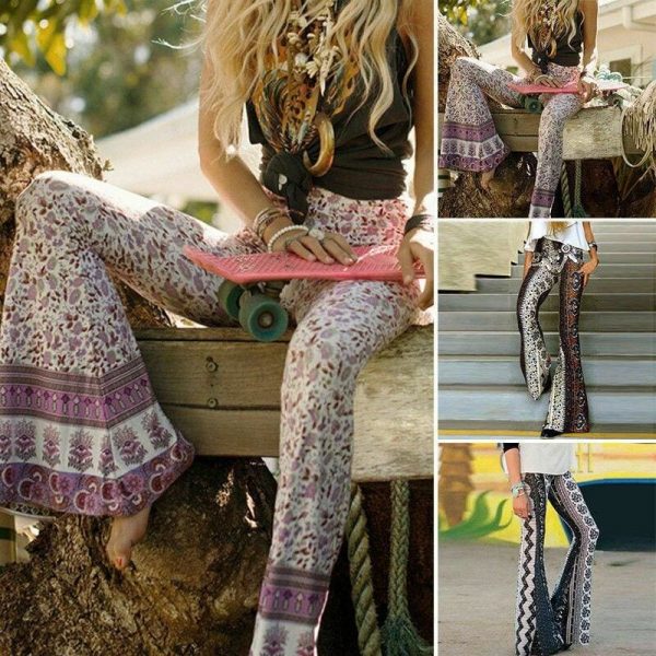 The Best Women Boho Hippie High Waist Loose Wide Leg Flared Bell Bottom Fashion Ladies Floral Long Pant Summer Trouser Online - Takalr