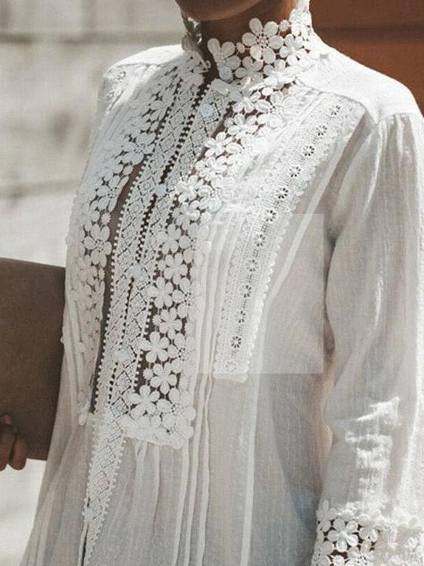 The Best Women Boho Long Sleeve Floral Lace White Tops Blouses Hollow out Beach Elegant Shirt harajuku femme Clothes Summer Party Tops Online - Takalr