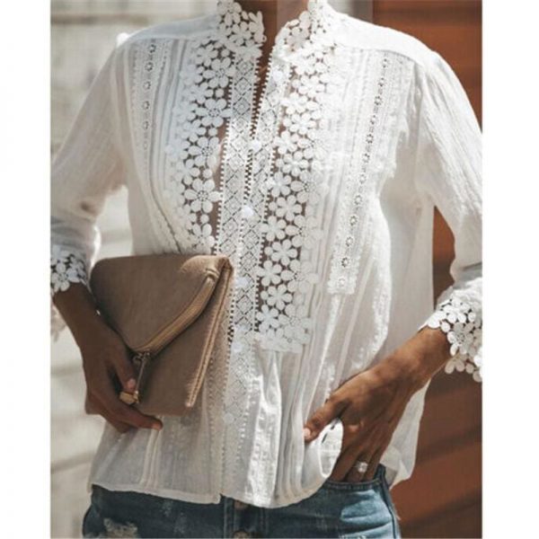 The Best Women Boho Long Sleeve Floral Lace White Tops Blouses Hollow out Beach Elegant Shirt harajuku femme Clothes Summer Party Tops Online - Takalr