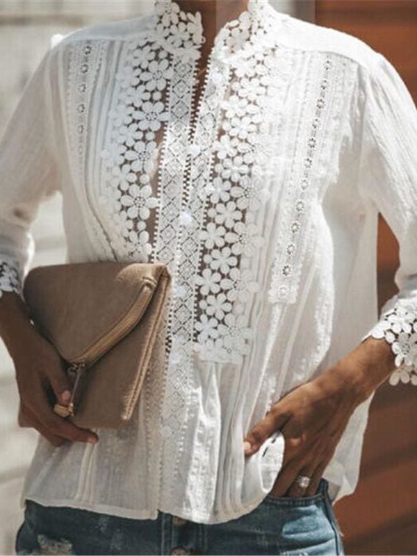 The Best Women Boho Long Sleeve Floral Lace White Tops Blouses Hollow out Beach Elegant Shirt harajuku femme Clothes Summer Party Tops Online - Takalr