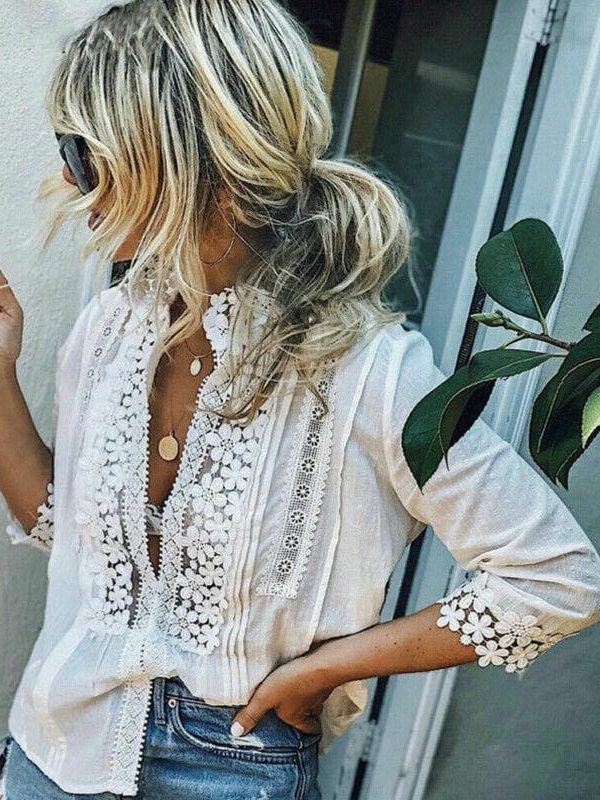 The Best Women Boho Long Sleeve Floral Lace White Tops Blouses Hollow out Beach Elegant Shirt harajuku femme Clothes Summer Party Tops Online - Takalr