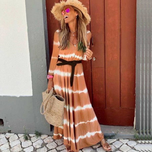 The Best Women Boho Long Sleeve Striped V Neck Long Maxi Dress 2019 Fashion Ladies Autumn Fall Wrap Dresses Sundress Online - Takalr