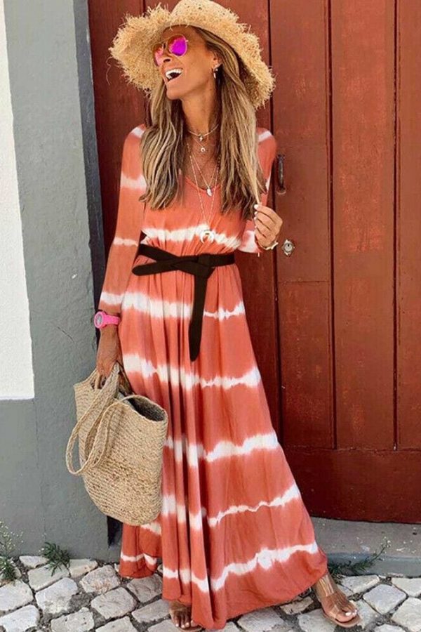 The Best Women Boho Long Sleeve Striped V Neck Long Maxi Dress 2019 Fashion Ladies Autumn Fall Wrap Dresses Sundress Online - Takalr