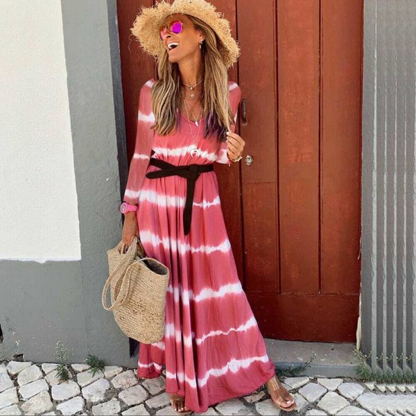 The Best Women Boho Long Sleeve Striped V Neck Long Maxi Dress 2019 Fashion Ladies Autumn Fall Wrap Dresses Sundress Online - Takalr