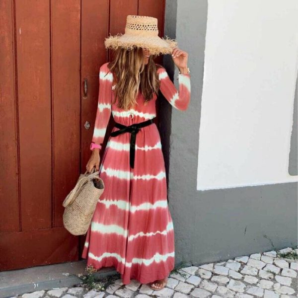 The Best Women Boho Long Sleeve Striped V Neck Long Maxi Dress 2019 Fashion Ladies Autumn Fall Wrap Dresses Sundress Online - Takalr