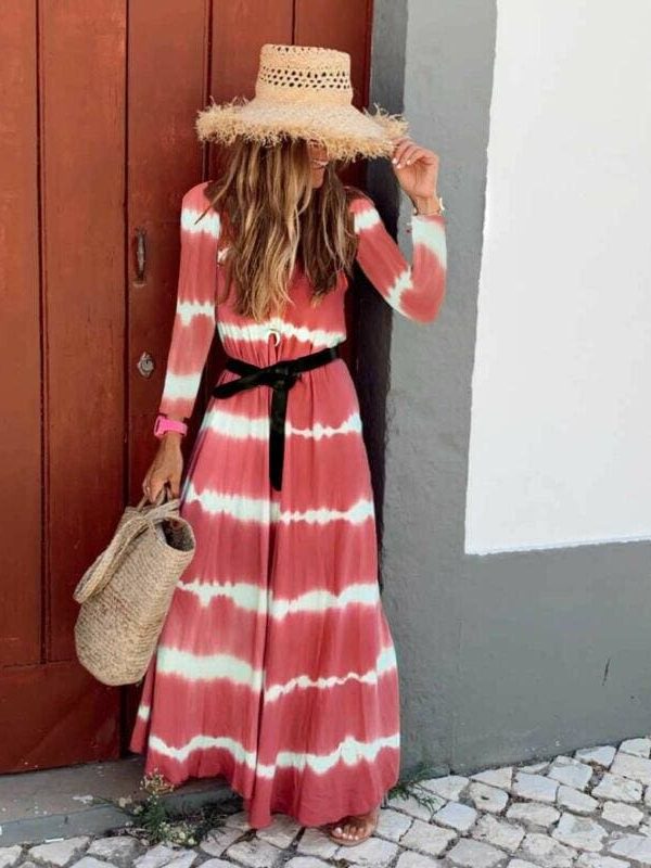 The Best Women Boho Long Sleeve Striped V Neck Long Maxi Dress 2019 Fashion Ladies Autumn Fall Wrap Dresses Sundress Online - Takalr