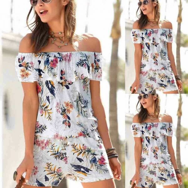 The Best Women Boho Off Shoulder Outfits Fashion Flower Sleeveless Pants Summer Holiday Casual Short Jumpsuit Rompers Trouser Online - Takalr