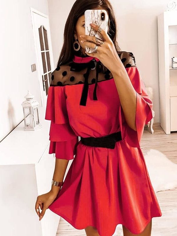 The Best Women Boho Ruffle Sleeve A-Line Dress Lady Sexy Party Evening Bow Mini Dress Online - Takalr
