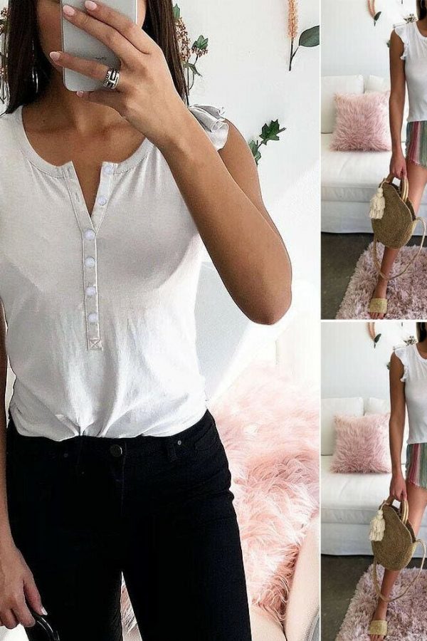 The Best Women Boho Ruffle Tank Top Vest Button Sleeveless V-Neck Loose New Summer Beach Solid Casual Blouse Shirts Online - Takalr