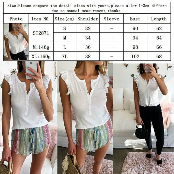 The Best Women Boho Ruffle Tank Top Vest Button Sleeveless V-Neck Loose New Summer Beach Solid Casual Blouse Shirts Online - Takalr