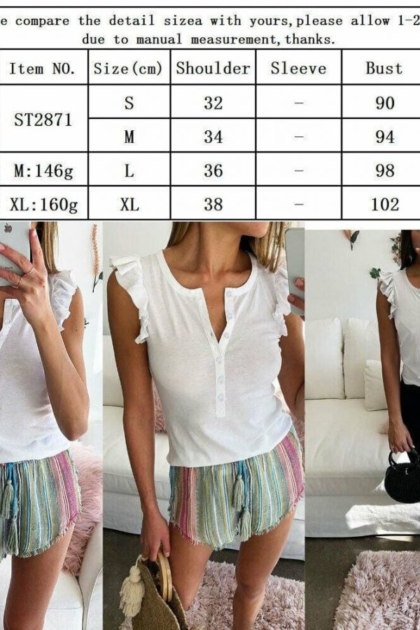 The Best Women Boho Ruffle Tank Top Vest Button Sleeveless V-Neck Loose New Summer Beach Solid Casual Blouse Shirts Online - Takalr