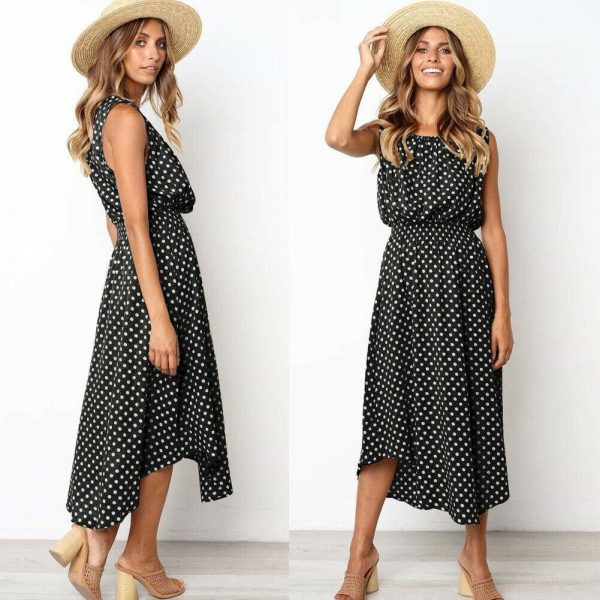 The Best Women Boho Sleeveless Midi Dress Polka Dot Fashion Summer Party High Waist O-Neck Holiday Beach Dress Sundress Online - Takalr