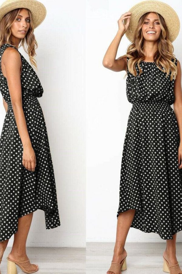 The Best Women Boho Sleeveless Midi Dress Polka Dot Fashion Summer Party High Waist O-Neck Holiday Beach Dress Sundress Online - Takalr