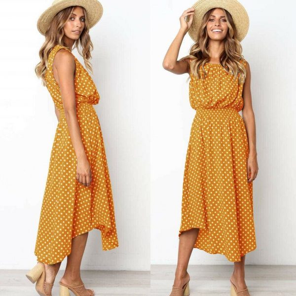 The Best Women Boho Sleeveless Midi Dress Polka Dot Fashion Summer Party High Waist O-Neck Holiday Beach Dress Sundress Online - Takalr