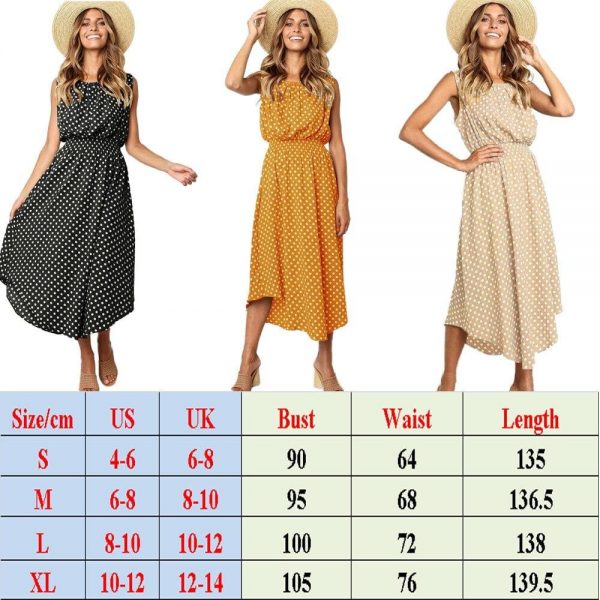 The Best Women Boho Sleeveless Midi Dress Polka Dot Fashion Summer Party High Waist O-Neck Holiday Beach Dress Sundress Online - Takalr