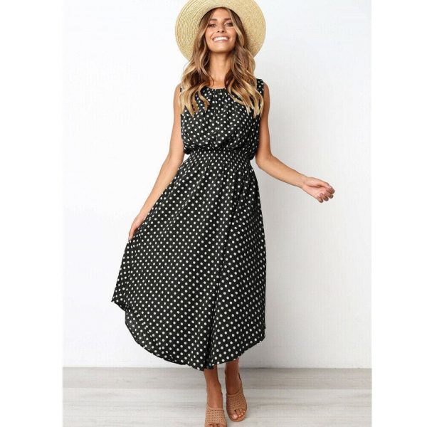 The Best Women Boho Sleeveless Midi Dress Polka Dot Fashion Summer Party High Waist O-Neck Holiday Beach Dress Sundress Online - Takalr