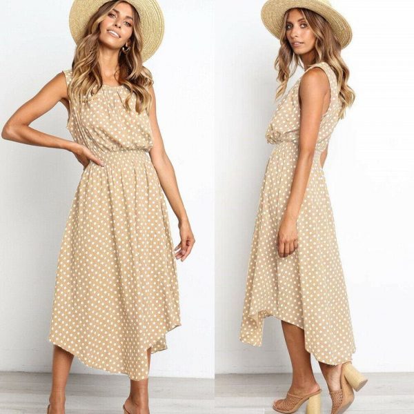 The Best Women Boho Sleeveless Midi Dress Polka Dot Fashion Summer Party High Waist O-Neck Holiday Beach Dress Sundress Online - Takalr