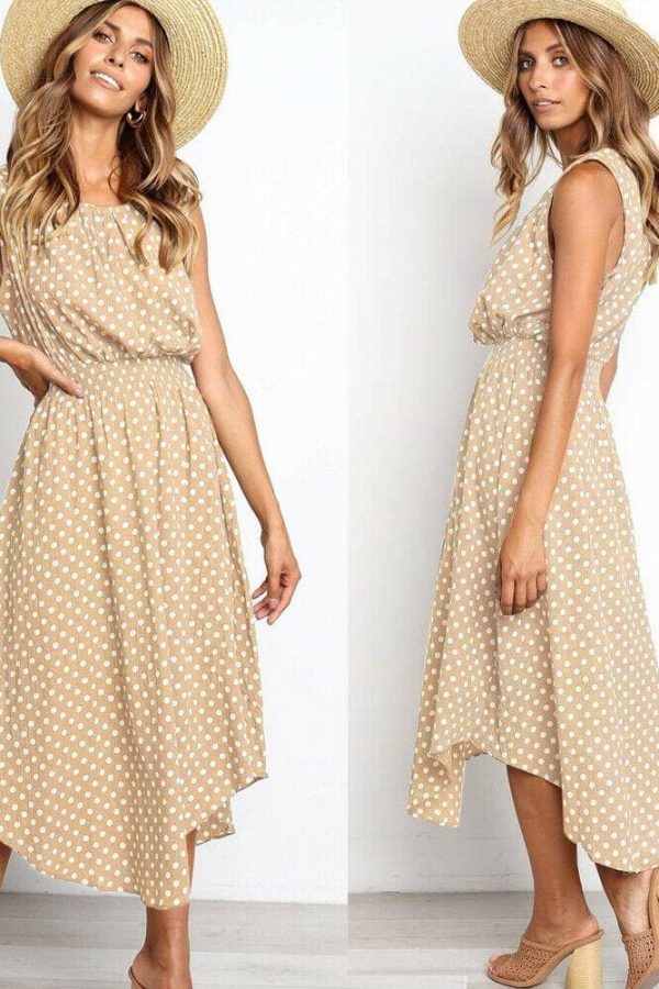 The Best Women Boho Sleeveless Midi Dress Polka Dot Fashion Summer Party High Waist O-Neck Holiday Beach Dress Sundress Online - Takalr