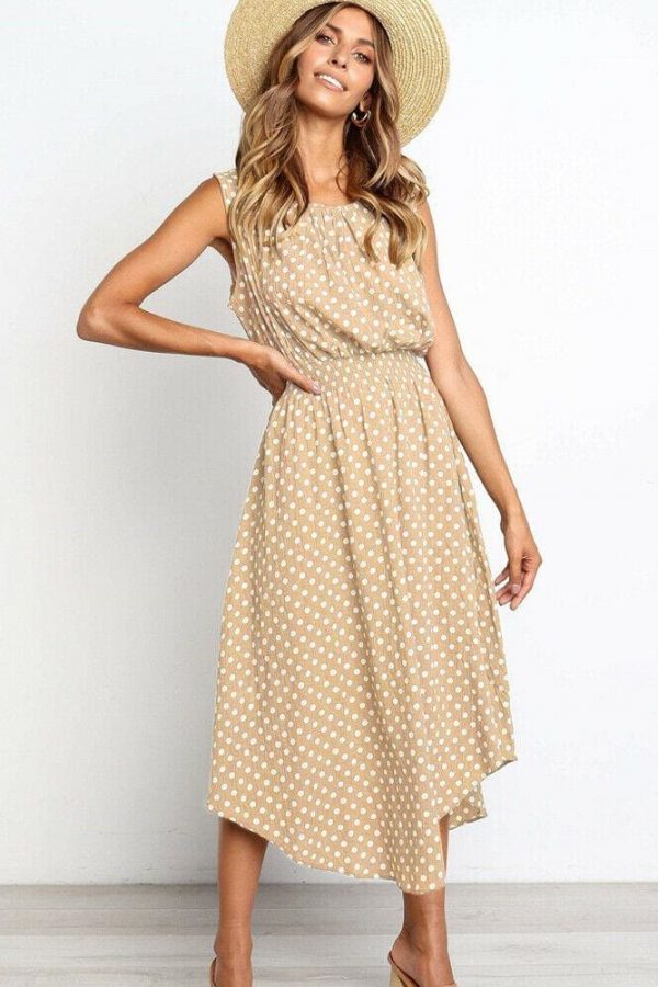 The Best Women Boho Sleeveless Midi Dress Polka Dot Fashion Summer Party High Waist O-Neck Holiday Beach Dress Sundress Online - Takalr