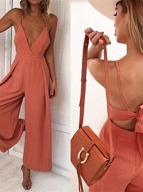 The Best Women Boho Strap V Neck Backless Jumpsuit Ladies Holiday Playsuit Casual Long Pant Trouser Beach Jumpsuit Online - Takalr