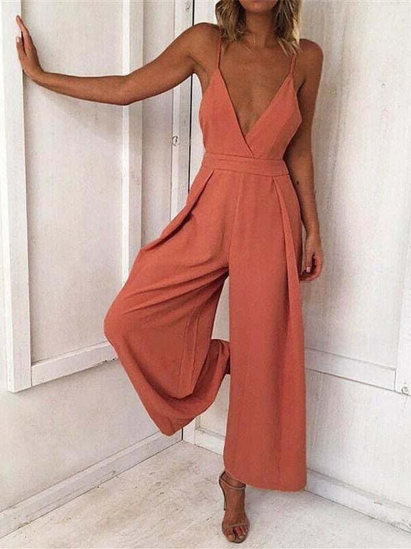 The Best Women Boho Strap V Neck Backless Jumpsuit Ladies Holiday Playsuit Casual Long Pant Trouser Beach Jumpsuit Online - Takalr