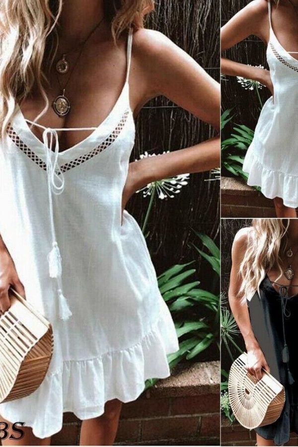 The Best Women Boho Summer Halter Backless Dress Fashion Strap Loose Short Mini Large Swing Dress Casual Sleeveless Beach Dress Online - Takalr