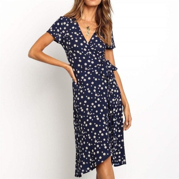 The Best Women Boho Summer Short Sleeve High Waist Midi Dress Fashion Floral V-Neck Casual Party Beach Sundress Holiday Online - Takalr