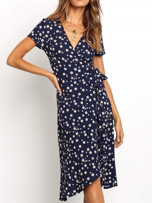 The Best Women Boho Summer Short Sleeve High Waist Midi Dress Fashion Floral V-Neck Casual Party Beach Sundress Holiday Online - Takalr