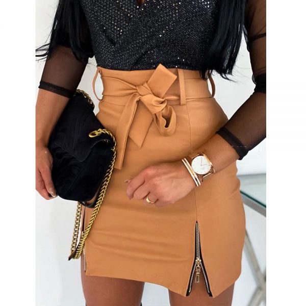 The Best Women Bow Tie High Waist Mini Skirt Zip Up Stretch Bandage Bodycon Skirt Online - Takalr