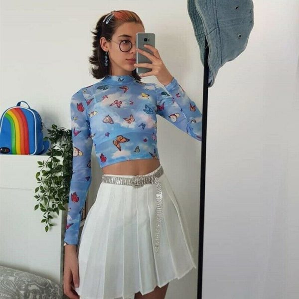 The Best Women Butterfly Pattern See Through T Shirt Lace Mesh Sheer T-Shirt Long Sleeve Cropped Top Turtleneck Tees Online - Takalr